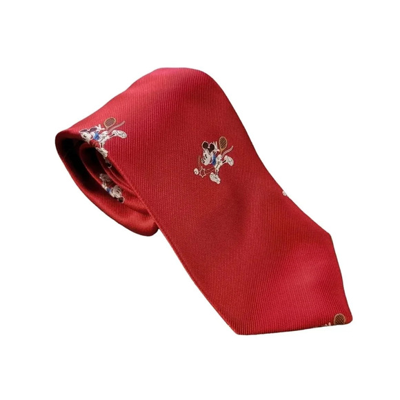 Vintage Disney Mickey Mouse Playing Tennis Red Men's Tie, Designed by Cervantes - Picture 1 of 5